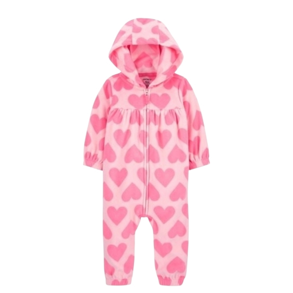 Carter's Baby Girl Hearts Zip Up Hooded Fleece Jumpsuit Size 9 Months